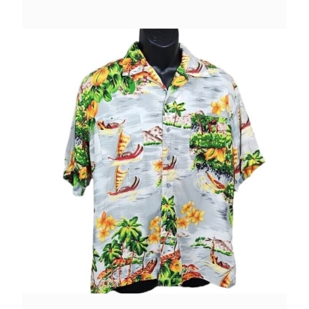 HAWAIIAN CAMP VOLCANO MEN'S SHIRT NETWORK RAYON ALOHA BEACH PARTY TIKI LAUO SZ L